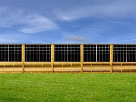 A row of solar panels incorporated into a timber fence alongside a green lawn