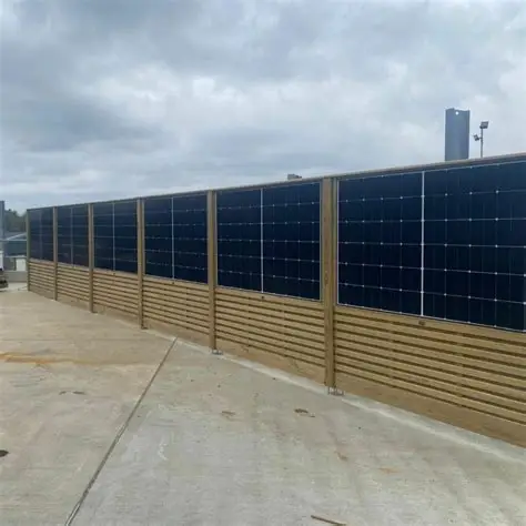 Solar panels fitted between timber fence posts above horizontal wooden slats beside a paved area