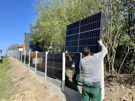 Two people positioning an upright solar panel between fence posts